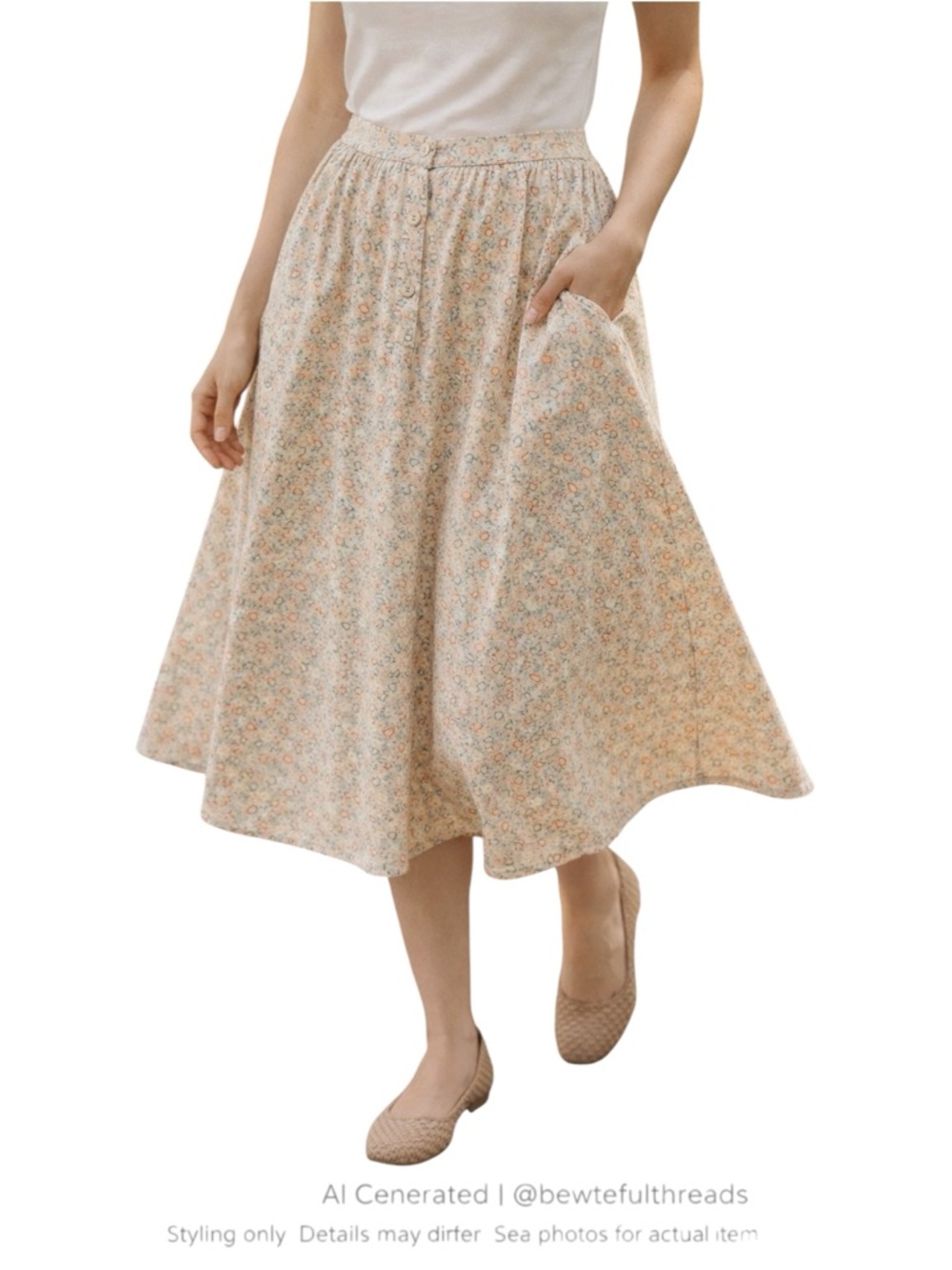 Soft Cottagecore A-Line Midi Skirt Pockets Pastel Print M/L